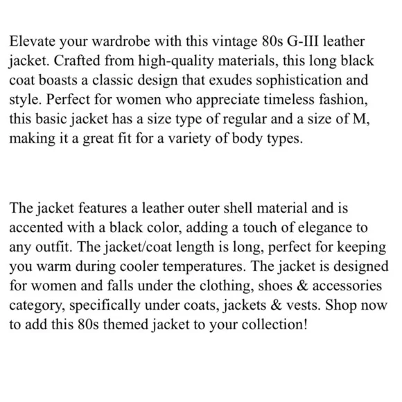 G-III Black Leather Jacket Coat Long Womens Vintage 80s Size Medium Timeless - Picture 6 of 6